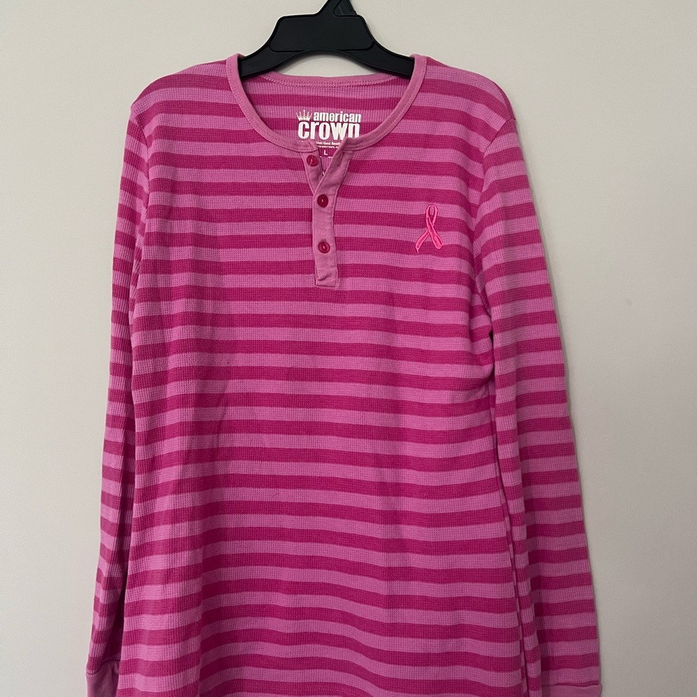 American Crown Pink Striped Breast Cancer awareness Long Sleeve Tee